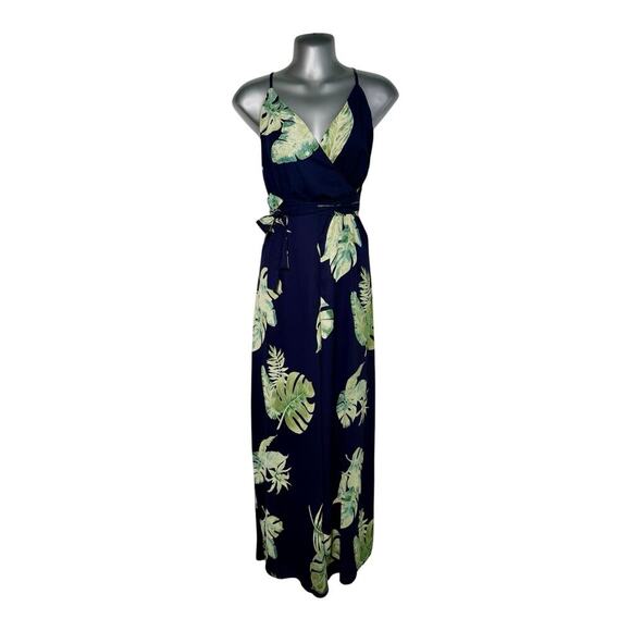 Womens Faux Wrap Jumpsuit Tropical Print Monstera Backless Navy Blue Size Small - Picture 1 of 9